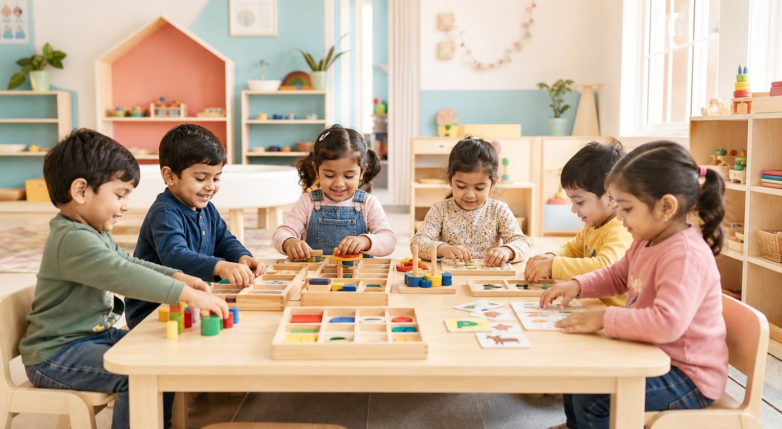 Indian Pre Nursery children learning with Montessori activities